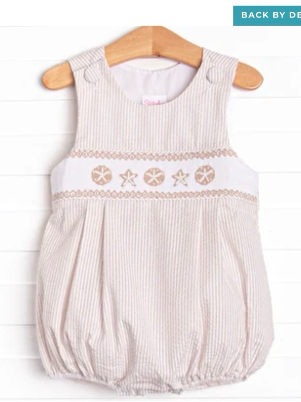 Embroidered Seersucker Baby Bubble Romper - Beige & White